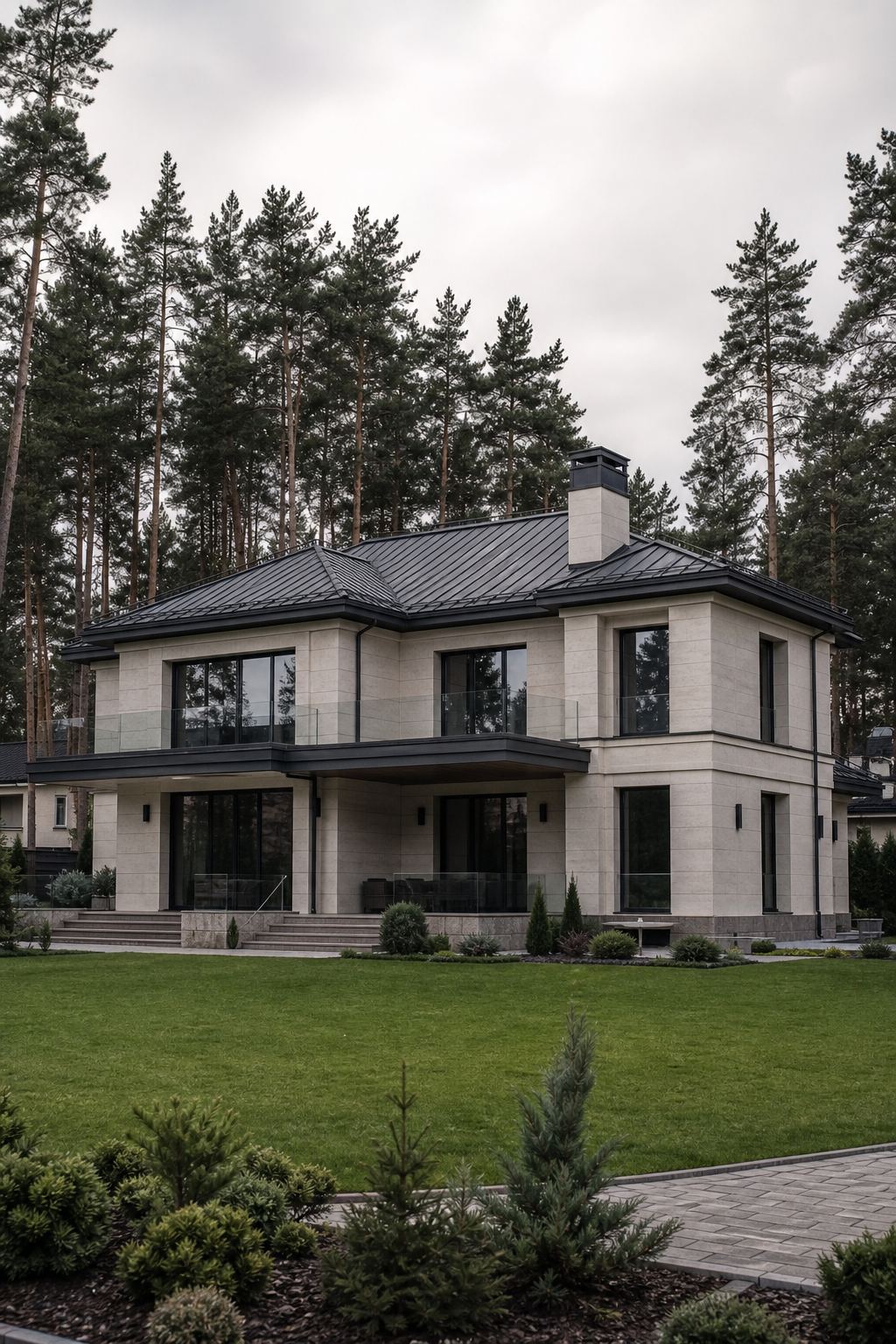 Современный каменный дом с фальцевой кровлей в Подмосковье